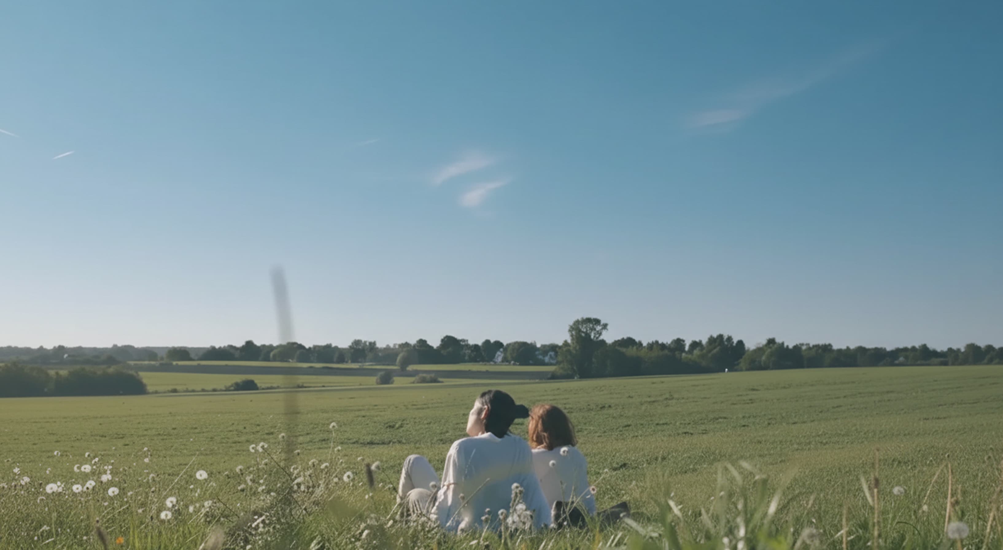 Two women sitting in an open grassy field landscape under a clear blue sky — a calm vision of long, healthy years.